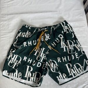 Rhude Dark Green and White Swim Shorts yellow strings